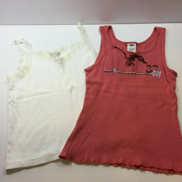Old Navy Womens Tank Top Lot 2 White Brick Red Flower Ribbed Lace Trim Large - Picture 1 of 12